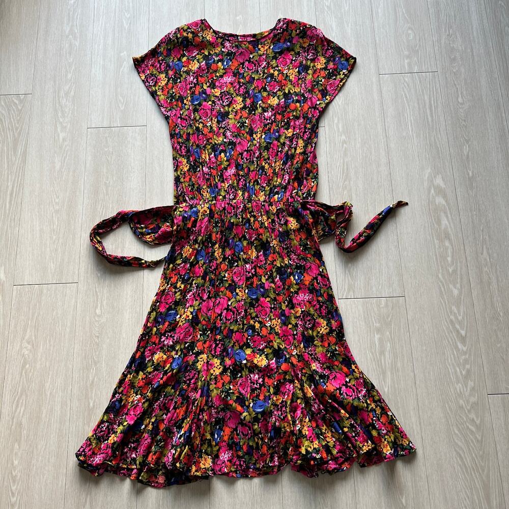 Vintage Carole Little Maxi Dress Size 14 Floral Crinkle Flowy Shoulder Pads
